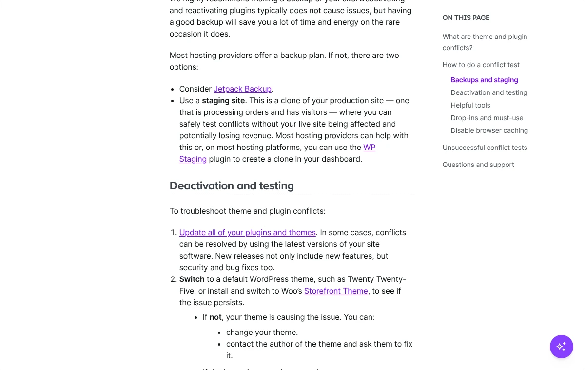 Fragment dokumentacji WooCommerce z zaleceniem kopii zapasowej i początkiem procedury testu konfliktu wtyczek oraz motywu