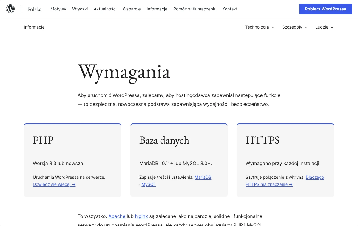 Strona wymagań WordPressa z trzema polami: zalecana wersja PHP, wersja bazy danych MariaDB lub MySQL oraz obsługa HTTPS przy każdej instalacji