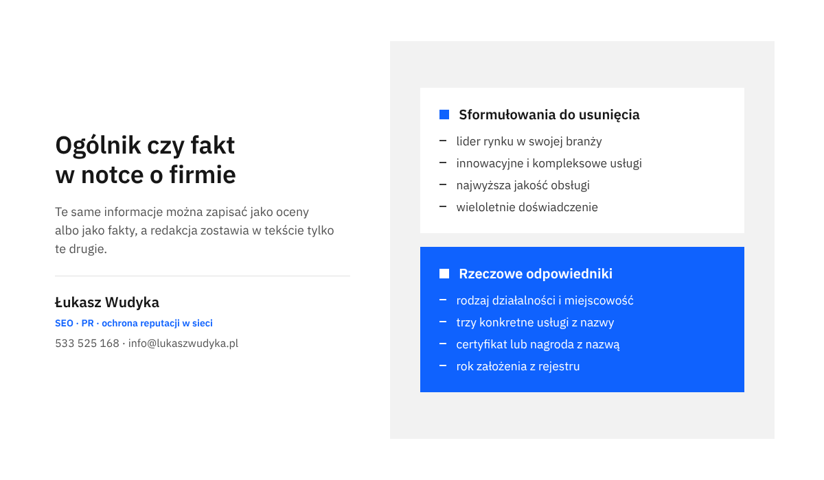 Infografika zestawiająca ogólnikowe sformułowania w notce o firmie z ich rzeczowymi odpowiednikami opartymi na faktach i liczbach.