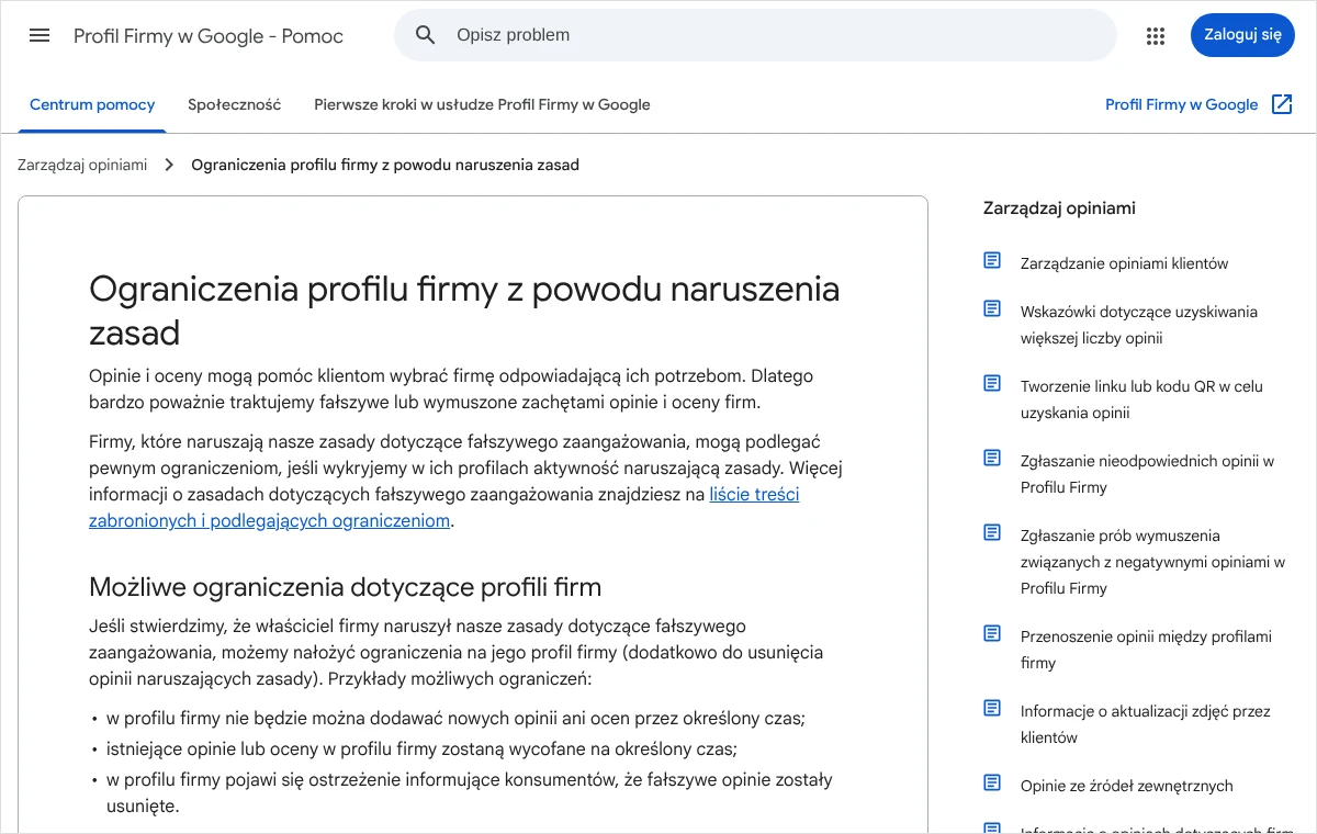 Strona pomocy Google opisująca ograniczenia profilu firmy za fałszywe zaangażowanie: blokadę nowych opinii, wycofanie opinii i ostrzeżenie