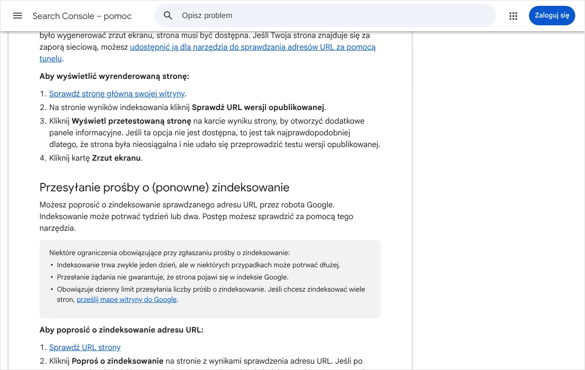 Fragment pomocy Search Console o przesyłaniu prośby o zindeksowanie: czas oczekiwania, brak gwarancji i dzienny limit próśb.