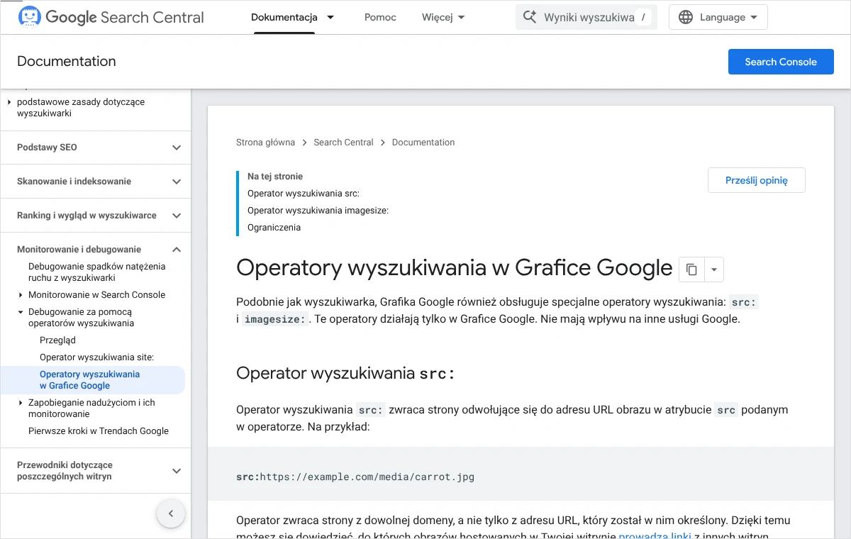Strona dokumentacji Google o operatorach wyszukiwania w Grafice Google z opisem operatora src: i przykładem jego zapisu z adresem pliku