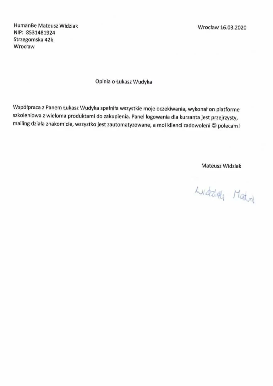 Pisemna opinia Mateusza Widziaka z firmy Humanbe o współpracy z Łukaszem Wudyką przy platformie szkoleniowej