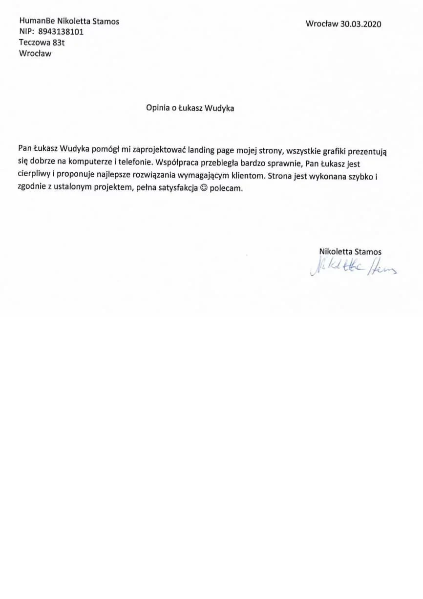 Pisemna opinia Nikoletty Stamos z firmy Humanbe o przygotowaniu strony internetowej przez Łukasza Wudykę
