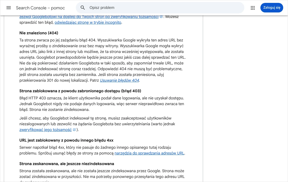 Fragment pomocy Search Console z opisem stanu Strona zablokowana z powodu zabronionego dostępu (błąd 403) i zaleceniem dla właściciela witryny