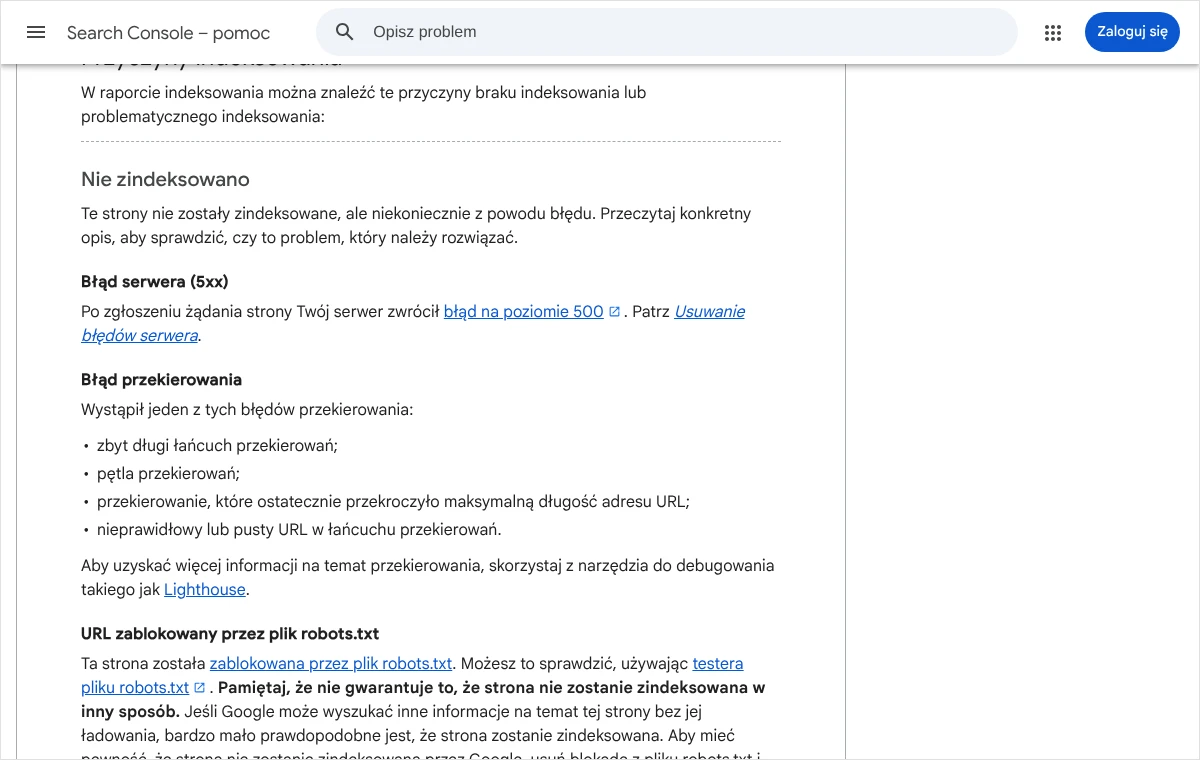 Fragment pomocy Search Console z opisem pozycji Błąd przekierowania i listą czterech rodzajów błędów: łańcuch, pętla, za długi adres, pusty adres