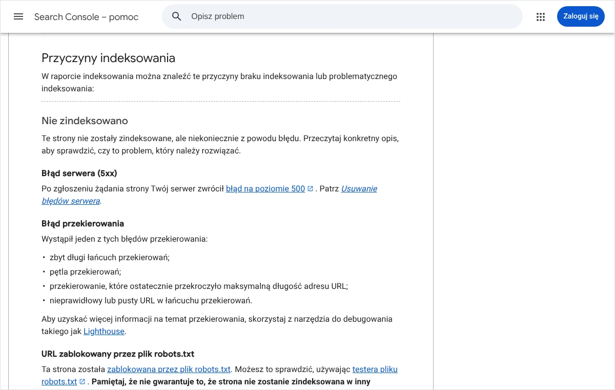 Fragment pomocy Search Console z listą przyczyn braku indeksowania, na której widnieje pozycja Błąd serwera (5xx) z krótkim opisem.