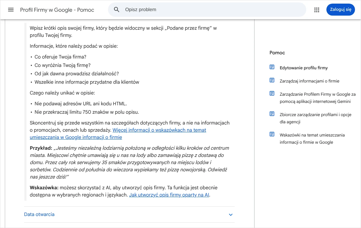 Zrzut strony pomocy Profilu Firmy w Google z sekcją Opis firmy: co podać w opisie, czego unikać oraz limit 750 znaków w polu opisu.