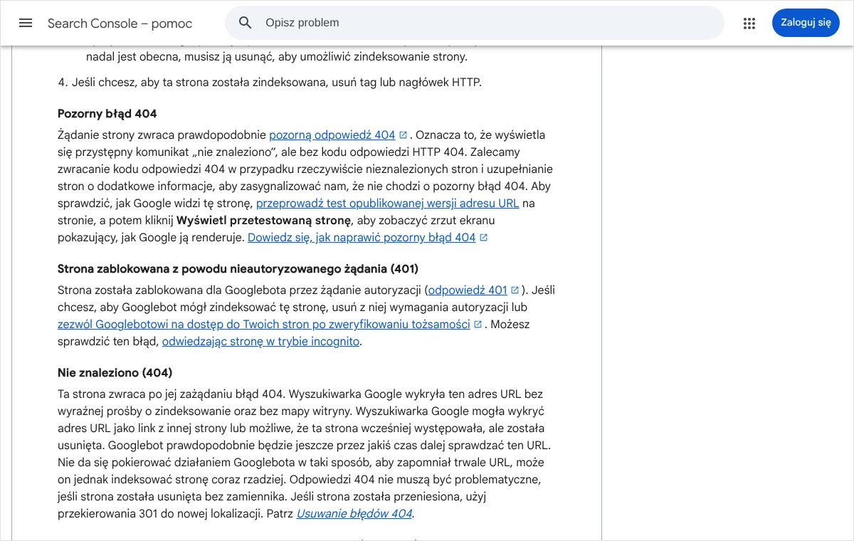 Fragment pomocy Search Console z opisem pozycji o nieautoryzowanym żądaniu (401): strona zablokowana dla Googlebota przez żądanie autoryzacji