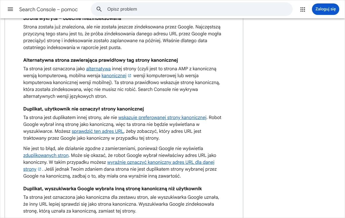 Fragment pomocy Search Console z opisem stanu Duplikat, użytkownik nie oznaczył strony kanonicznej oraz dwóch podobnych stanów raportu Indeksowanie stron.