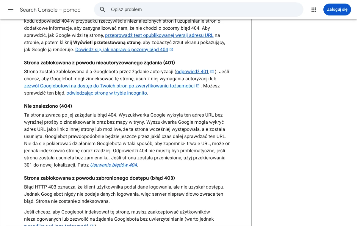 Fragment pomocy Search Console o raporcie Indeksowanie stron z opisem stanu Nie znaleziono (404) i zaleceniem przekierowania 301