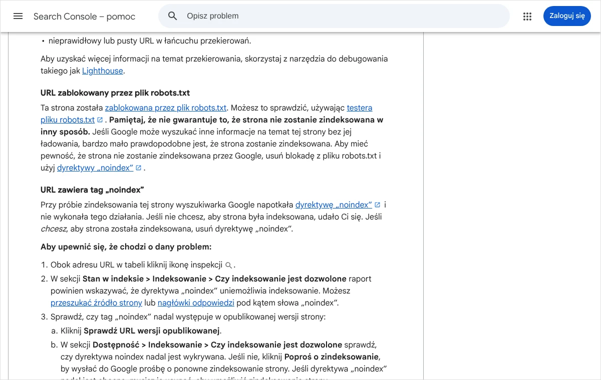 Fragment pomocy Search Console z opisem stanu URL zawiera tag noindex i kolejnymi czynnościami w narzędziu do sprawdzania adresów URL