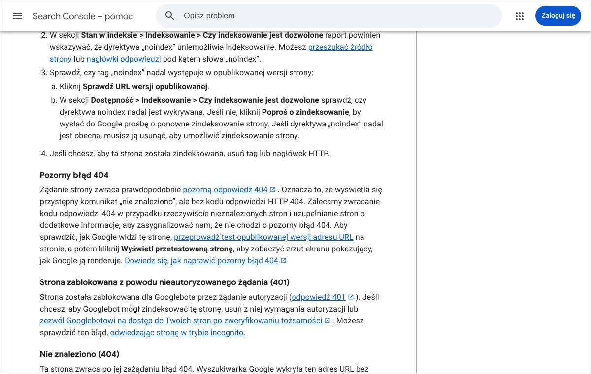 Fragment pomocy Search Console z opisem stanu Pozorny błąd 404: komunikat o nieznalezieniu strony bez kodu odpowiedzi HTTP 404 i zalecenia Google