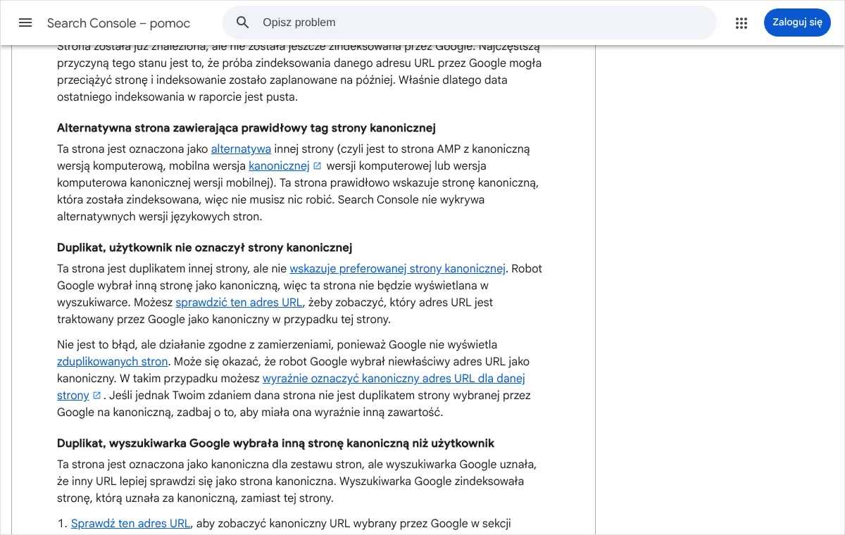 Fragment pomocy Search Console z opisem stanu Duplikat, wyszukiwarka Google wybrała inną stronę kanoniczną niż użytkownik i czterema punktami wyjaśnienia