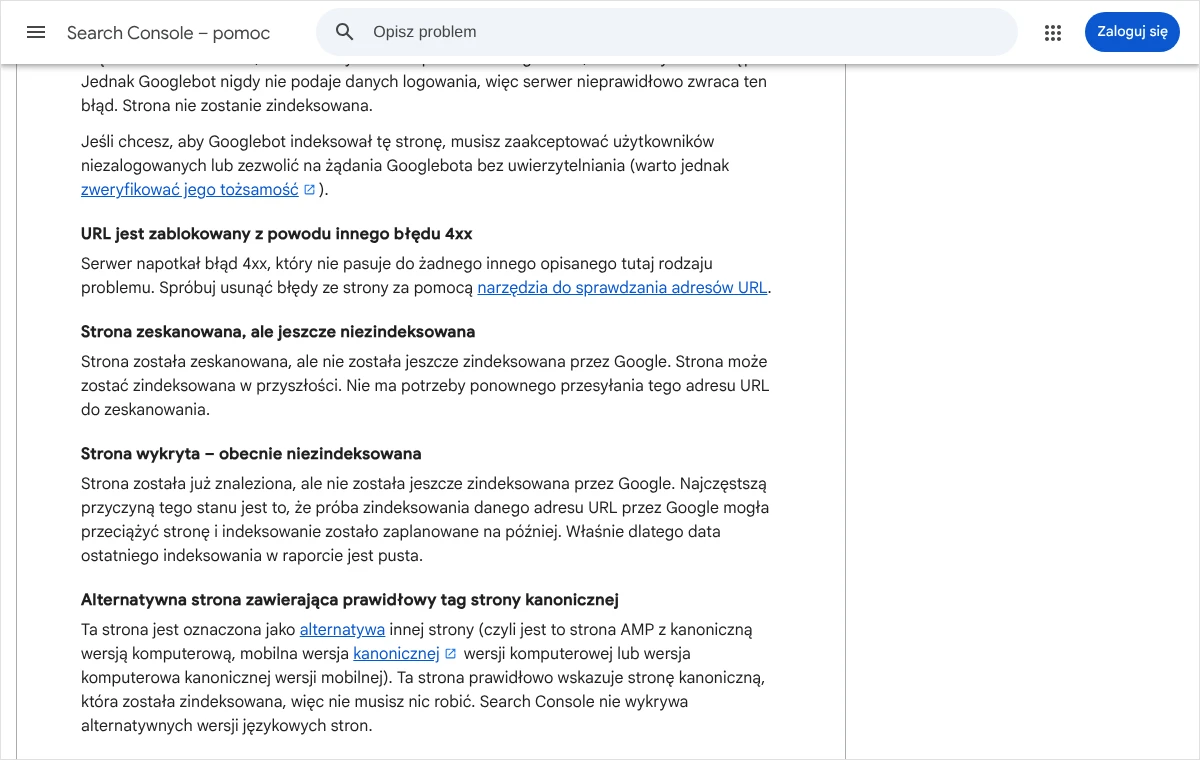 Fragment pomocy Search Console z opisem stanów „Strona zeskanowana, ale jeszcze niezindeksowana” oraz „Strona wykryta - obecnie niezindeksowana”