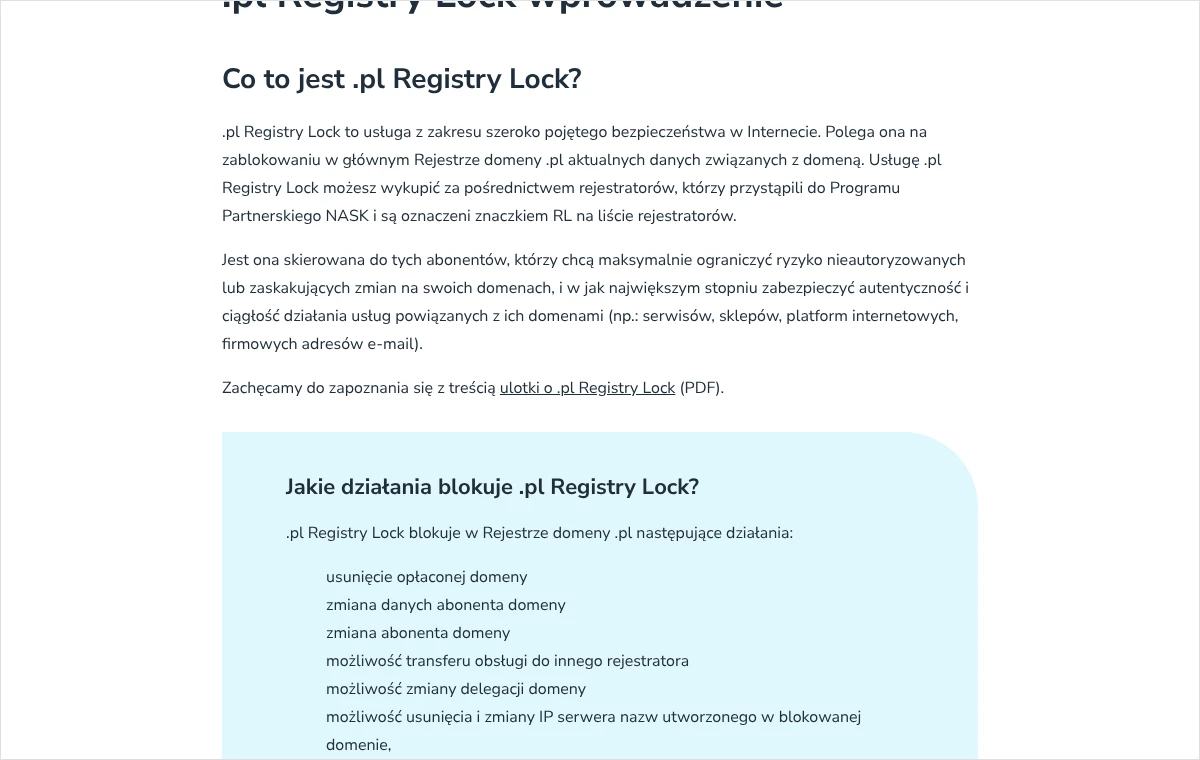 Strona rejestru domeny .pl z opisem usługi .pl Registry Lock i listą działań, które blokada zatrzymuje, w tym transferu do innego rejestratora.
