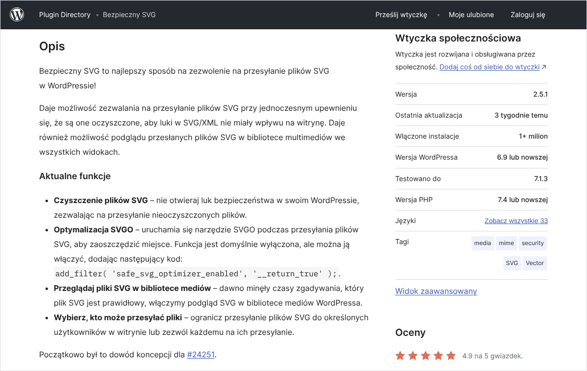 Zrzut strony wtyczki Bezpieczny SVG w polskim katalogu wtyczek WordPressa z opisem funkcji czyszczenia plików SVG i wyboru, kto może je przesyłać.