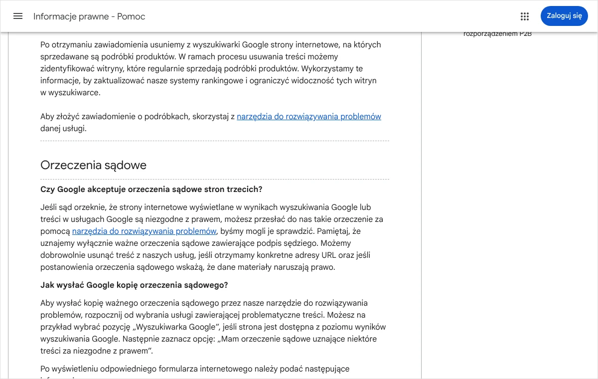 Fragment strony Najczęstsze pytania w dziale Informacje prawne pomocy Google z częścią o orzeczeniach sądowych i sposobie przesłania kopii orzeczenia