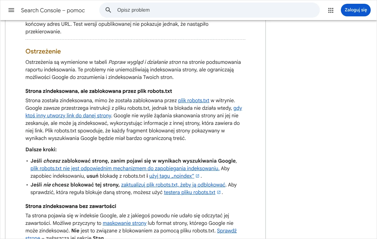 Fragment pomocy Search Console z opisem ostrzeżenia Strona zindeksowana, ale zablokowana przez plik robots.txt oraz zalecanymi dalszymi krokami