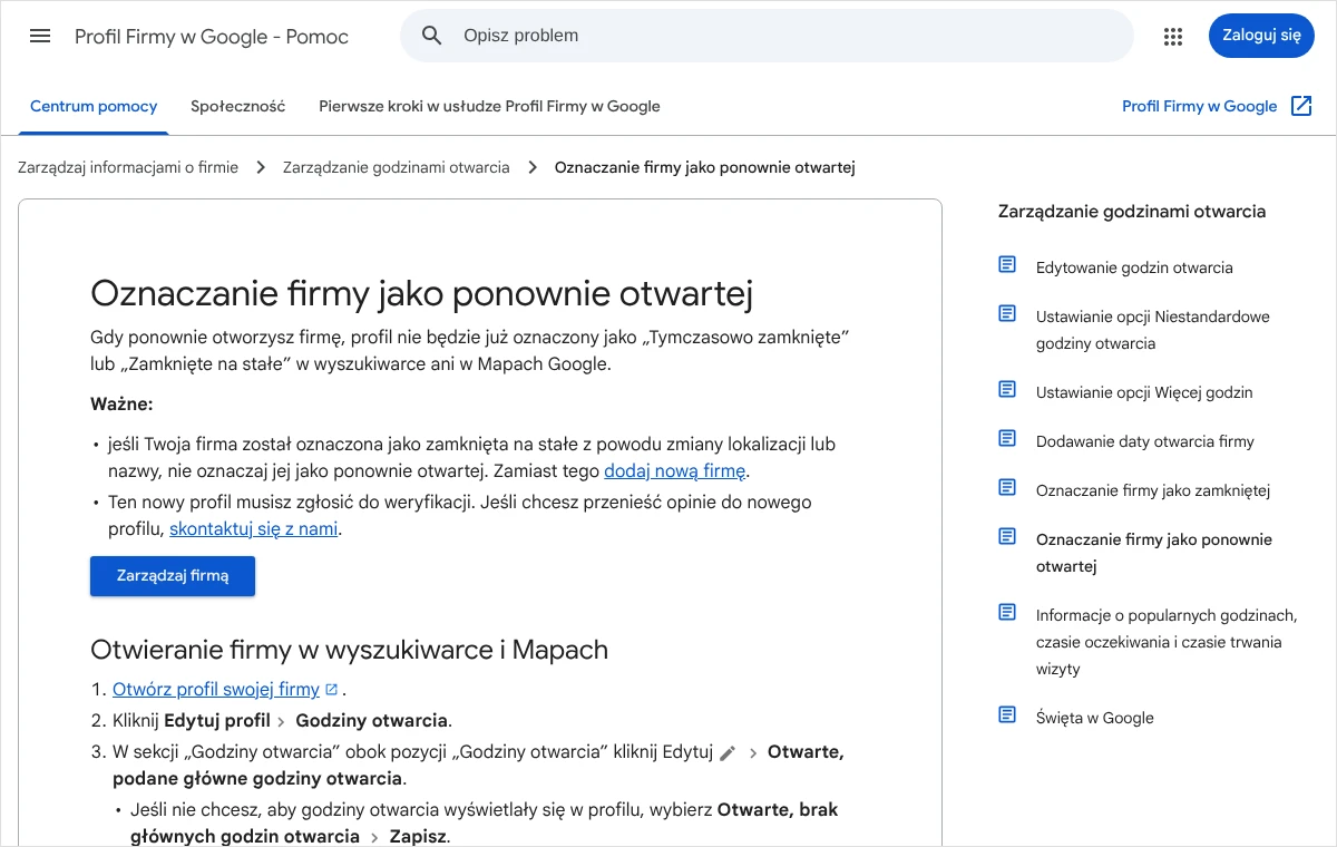 Strona pomocy Profilu Firmy w Google z krokami: Edytuj profil, Godziny otwarcia, Otwarte, podane główne godziny otwarcia