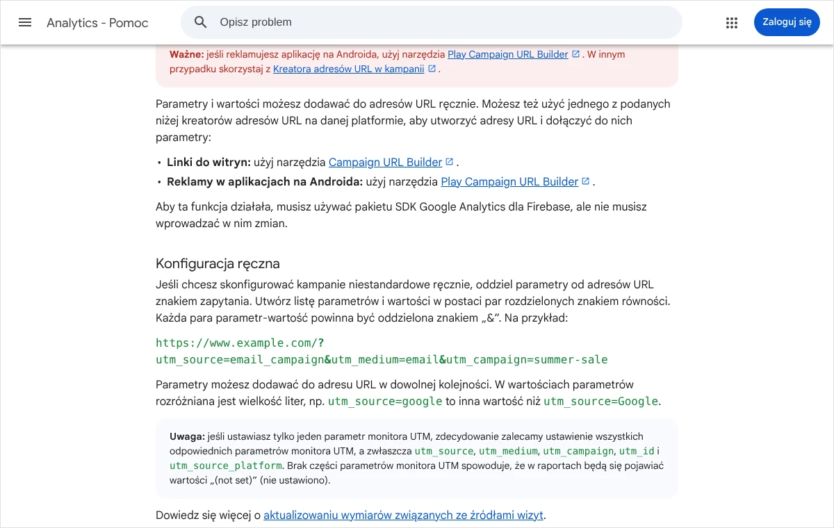 Zrzut strony pomocy Google Analytics o kreatorach adresów URL z przykładem adresu z parametrami UTM i uwagą o wielkości liter