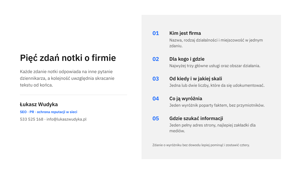 Infografika z pięcioma zdaniami notki o firmie: kim jest firma, dla kogo pracuje, jaka jest jej skala, co ją wyróżnia i gdzie szukać informacji.