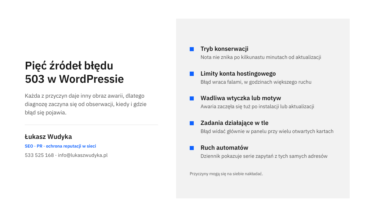 Infografika z listą pięciu typowych przyczyn błędu 503 w WordPressie oraz objawem, po którym można rozpoznać każdą z nich