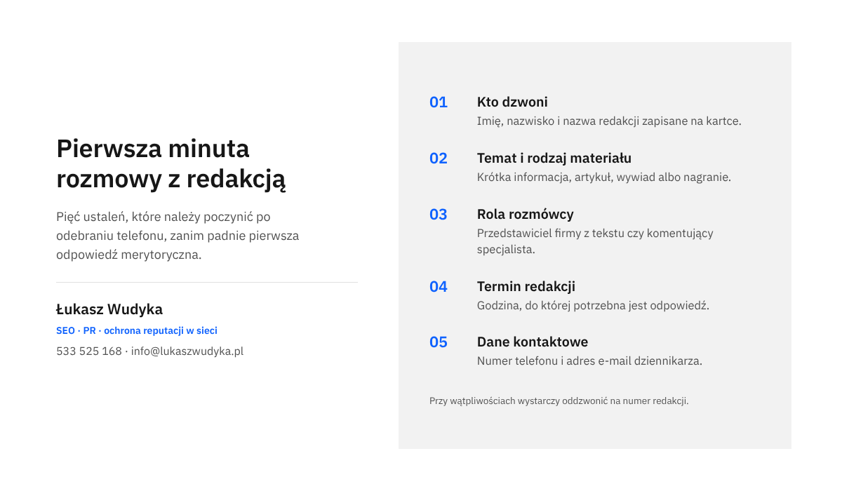 Infografika z pięcioma krokami na początek rozmowy z dziennikarzem: dane rozmówcy, temat materiału, rola, termin i dane kontaktowe.
