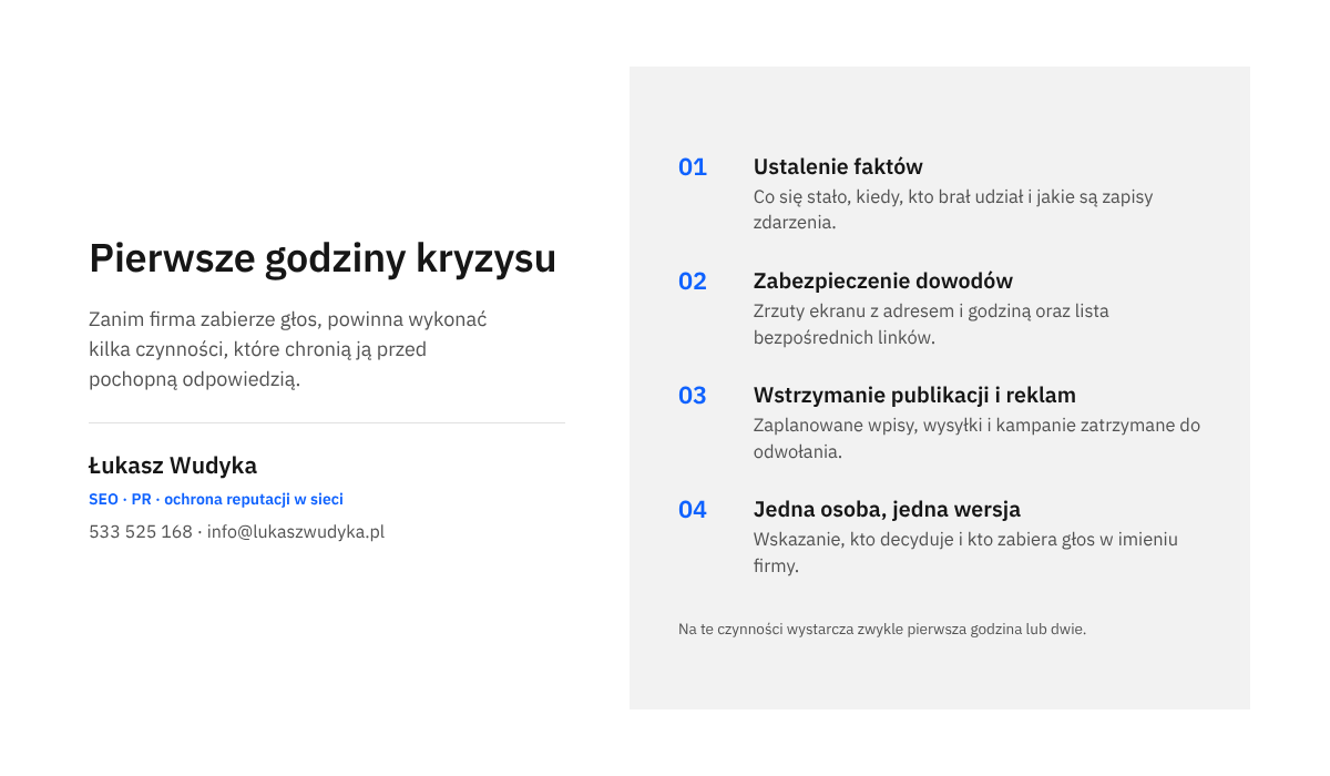 Kryzys wizerunkowy w internecie - kolejne kroki w pierwszych godzinach: ustalenie faktów, zabezpieczenie dowodów, wstrzymanie publikacji i reklam, wyznaczenie rzecznika.
