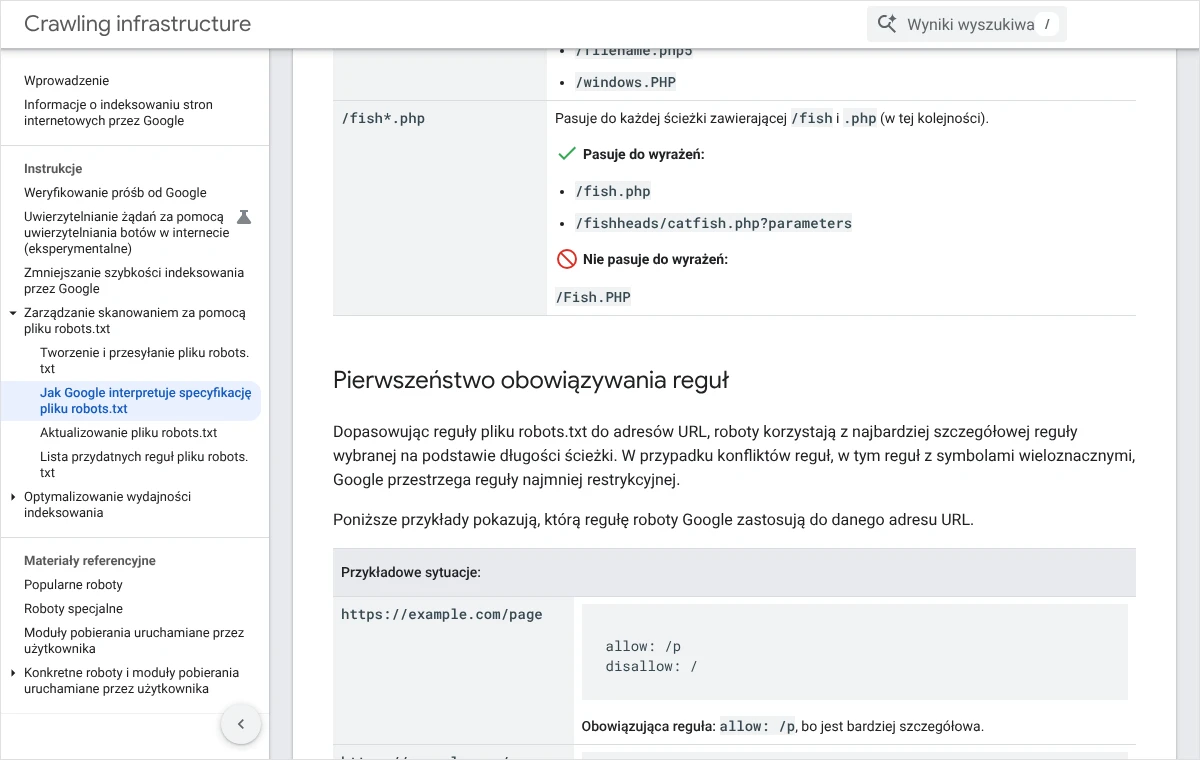 Fragment dokumentacji Google o pierwszeństwie obowiązywania reguł robots.txt z przykładem pary allow: /p i disallow: / dla adresu /page.