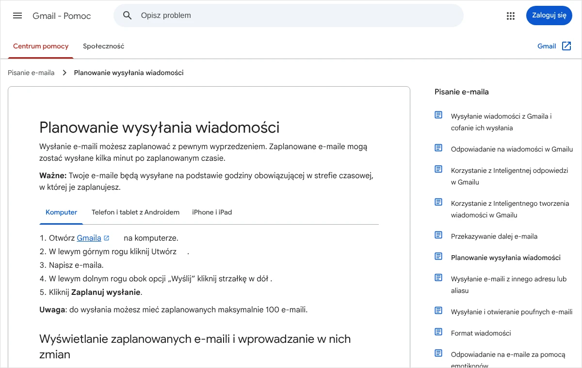 Fragment pomocy Gmaila o planowaniu wysyłania wiadomości na komputerze: pięć kroków, opcja Zaplanuj wysłanie i limit 100 zaplanowanych e-maili