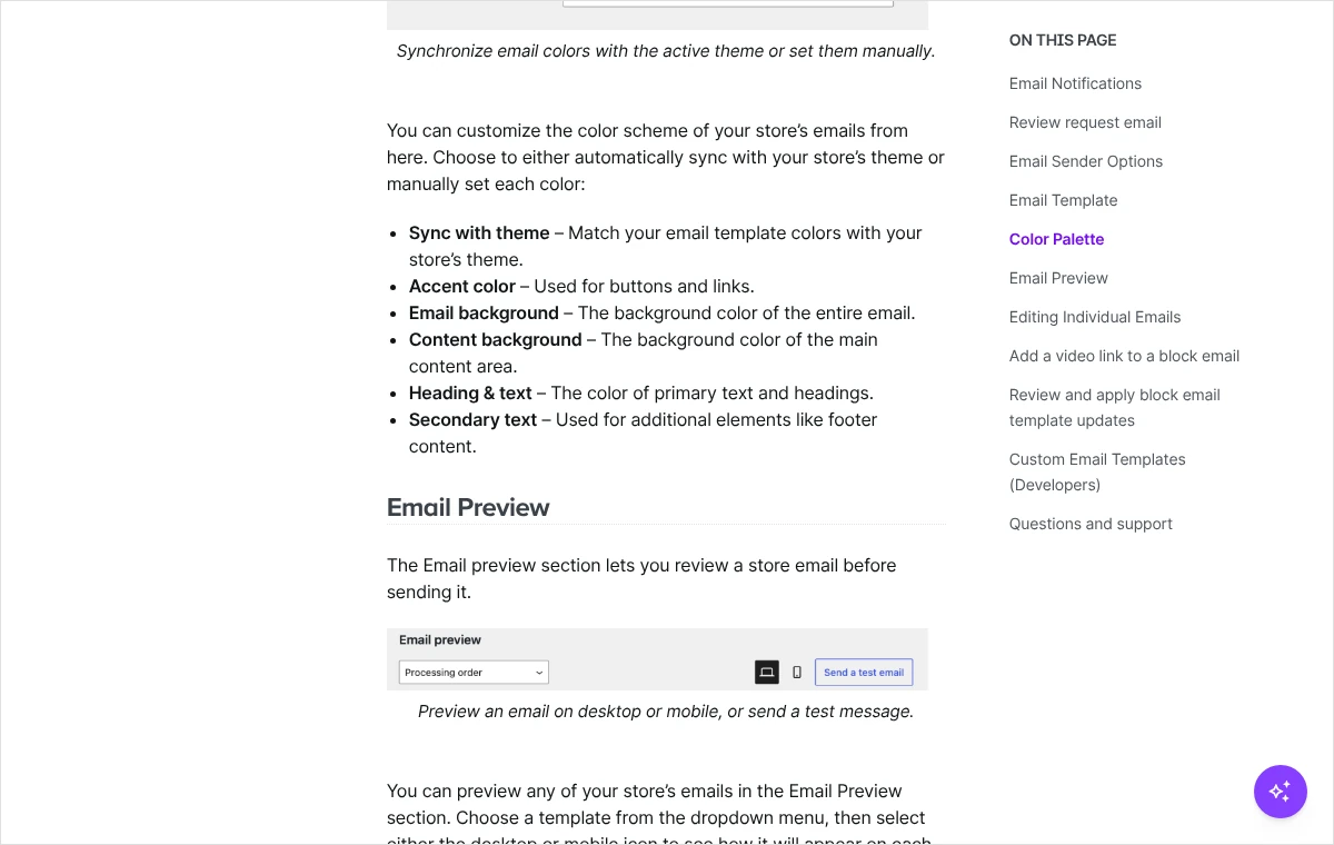 Zrzut dokumentacji WooCommerce z sekcją podglądu wiadomości e-mail: lista rodzajów wiadomości, ikony urządzeń i przycisk wysyłki testowej.