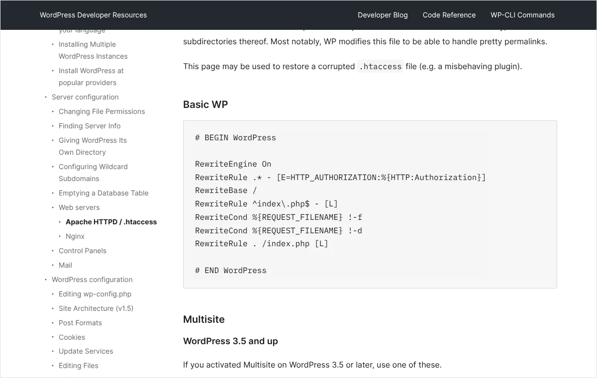 Fragment dokumentacji WordPressa z podstawową zawartością pliku .htaccess między znacznikami BEGIN WordPress i END WordPress