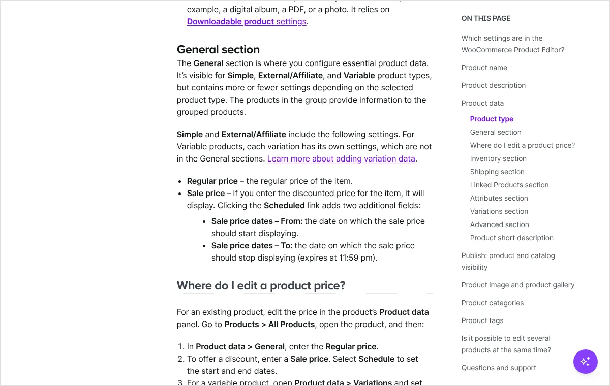 Zrzut dokumentacji WooCommerce z opisem pól ceny regularnej i promocyjnej oraz dat rozpoczęcia i zakończenia promocji w edycji produktu.