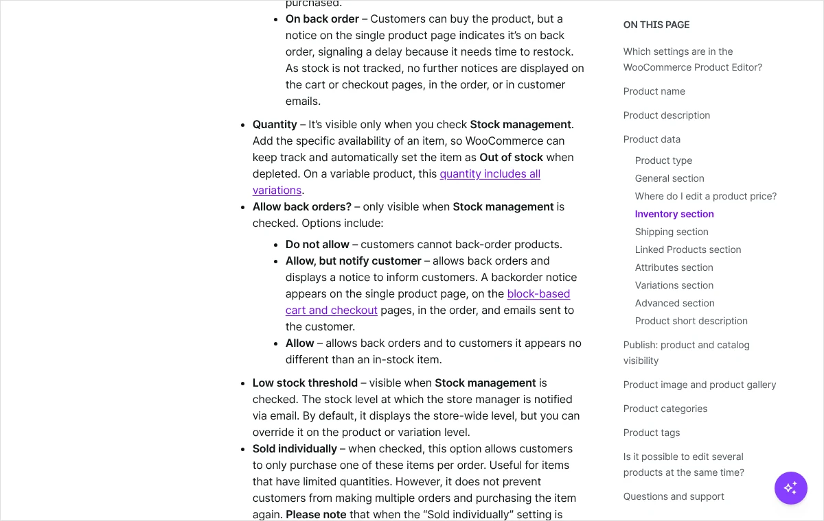 Fragment dokumentacji WooCommerce z opisem pól ilości, zamówień oczekujących, progu niskiego stanu i sprzedaży pojedynczej w edycji produktu