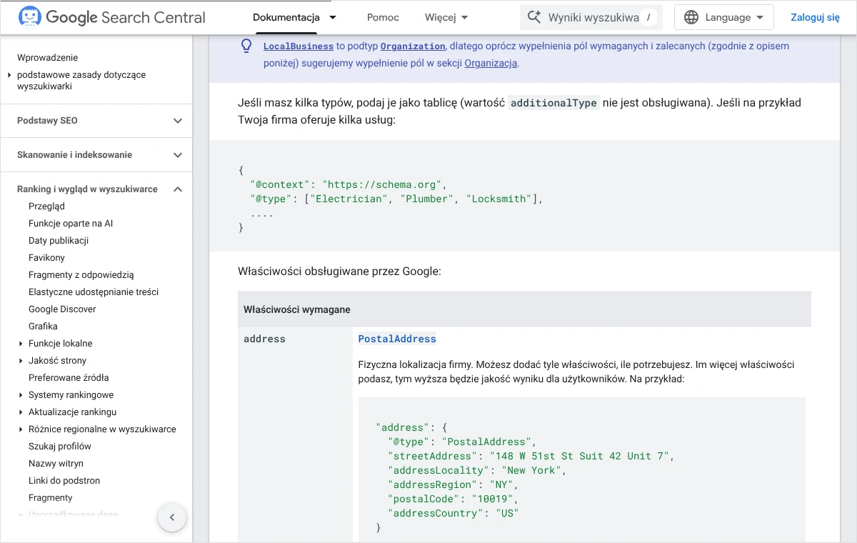 Fragment dokumentacji Google o danych firmy lokalnej: zapis kilku typów w tablicy i tabela właściwości wymaganych z polem address