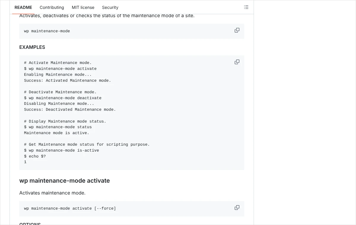 Zrzut dokumentacji narzędzia WP-CLI z przykładami poleceń wp maintenance-mode: włączenie, wyłączenie i sprawdzenie stanu trybu konserwacji.