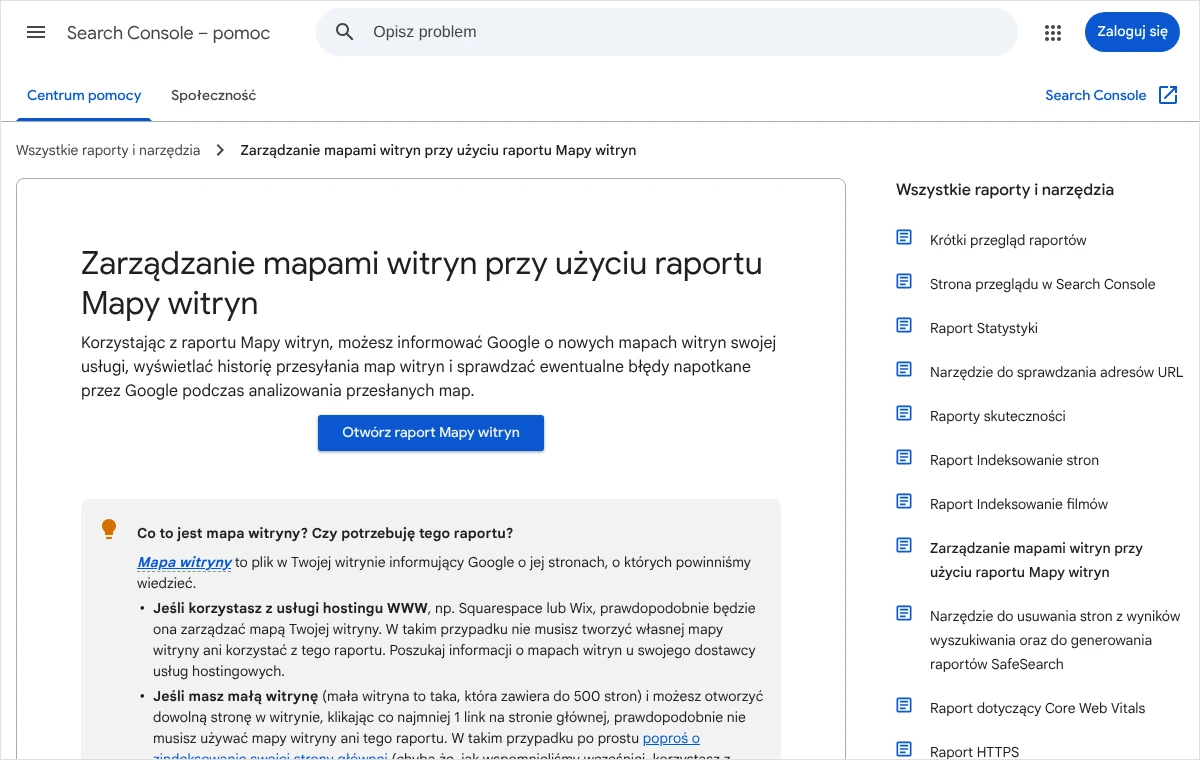 Strona pomocy Search Console o zarządzaniu mapami witryn z przyciskiem otwierającym raport Mapy witryn i opisem zastosowania raportu