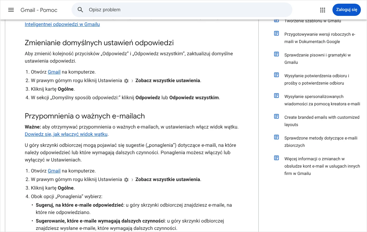 Zrzut strony pomocy Gmaila z sekcją o przypomnieniach o ważnych e-mailach: kroki włączania opcji Ponaglenia na karcie Ogólne w ustawieniach.