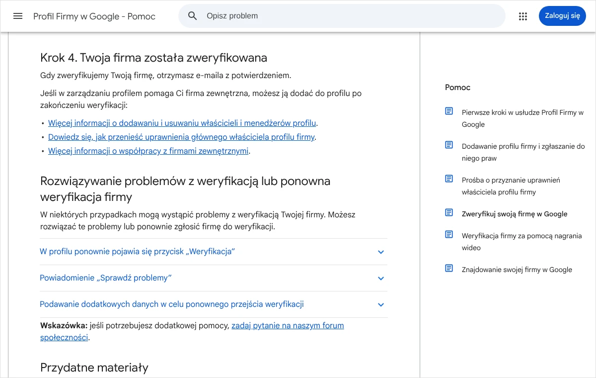 Fragment pomocy Google o weryfikacji firmy z sekcją o rozwiązywaniu problemów i ponownej weryfikacji oraz trzema rozwijanymi tematami