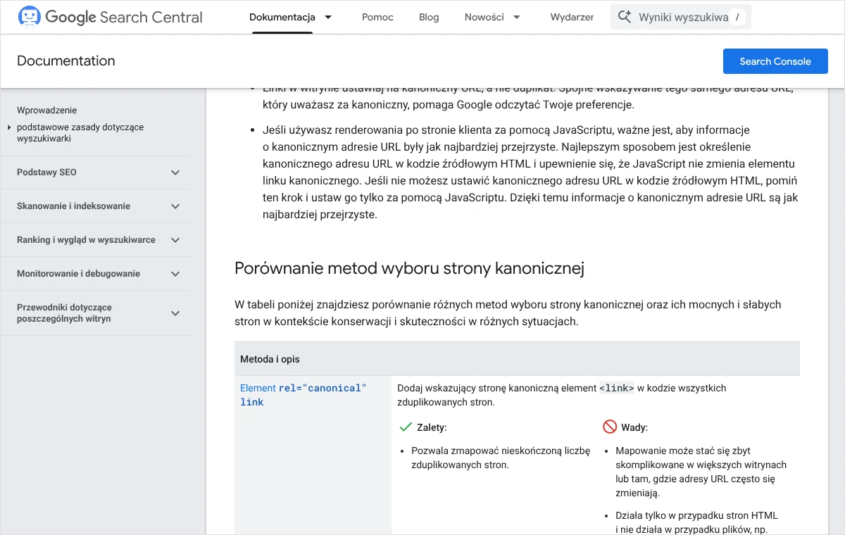 Fragment dokumentacji Google z początkiem tabeli porównującej metody wyboru strony kanonicznej, w tym element rel=canonical z zaletami i wadami.