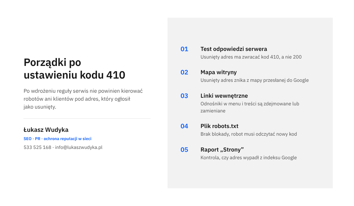 Infografika z kolejnymi czynnościami po ustawieniu kodu 410: test kodu, mapa witryny, linki wewnętrzne, plik robots.txt i raport w Search Console