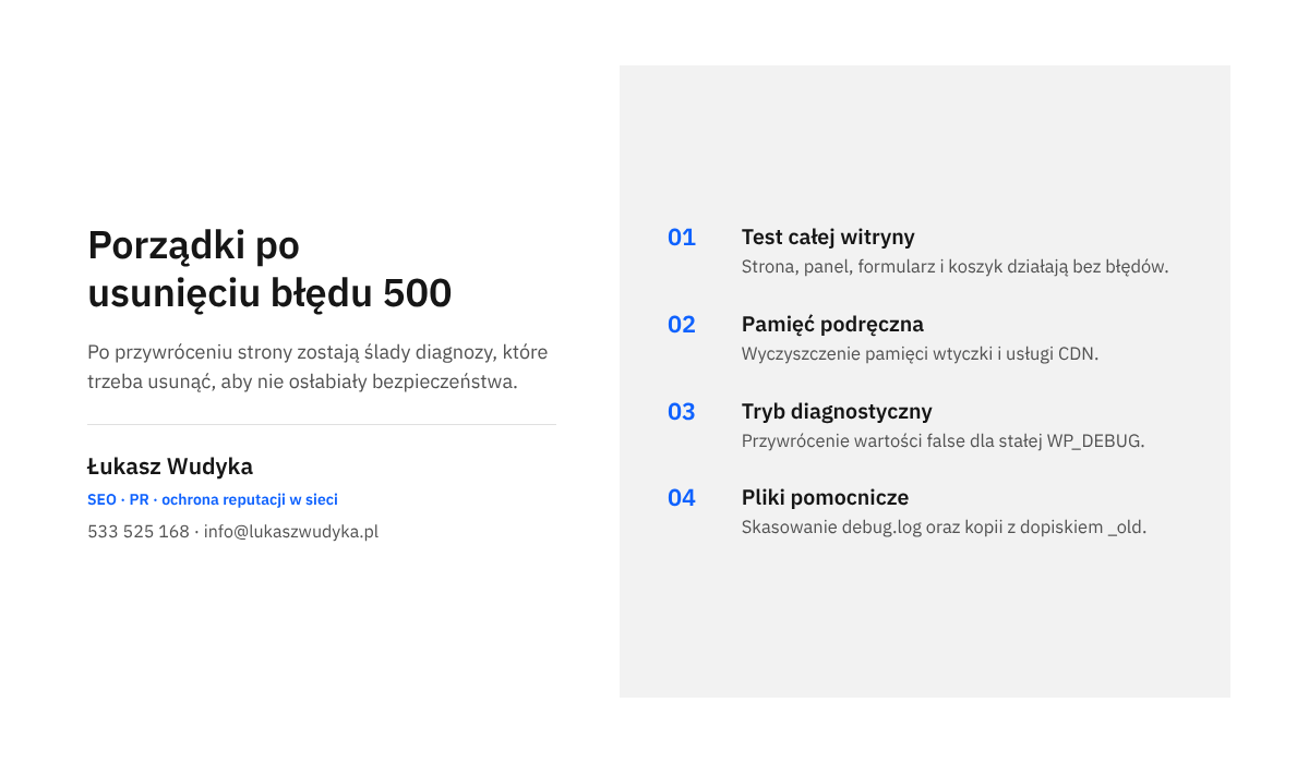 Kolejne czynności po naprawie błędu 500 w WordPressie: test strony, czyszczenie pamięci podręcznej, wyłączenie diagnostyki, usunięcie plików