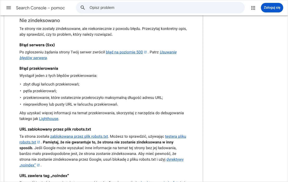 Fragment pomocy Search Console o raporcie Indeksowanie stron z opisem powodu Błąd przekierowania i listą czterech sytuacji, w tym pętli przekierowań