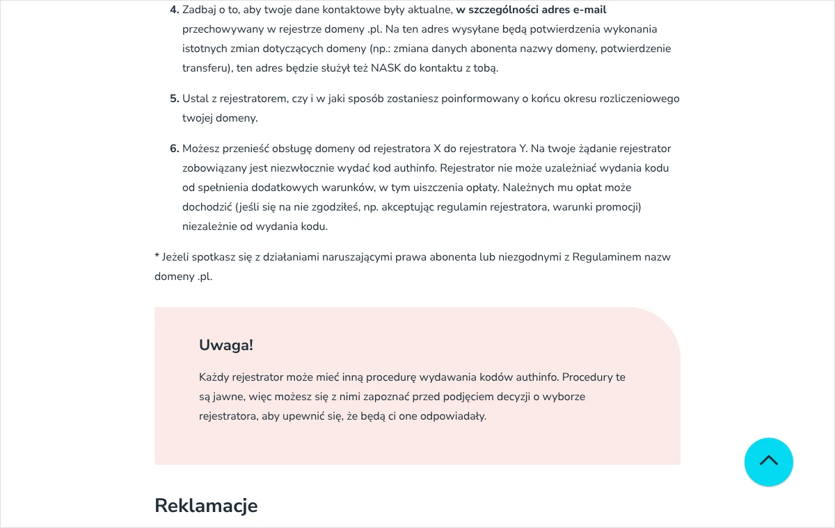 Fragment strony rejestru domeny .pl o prawach abonenta: rejestrator wydaje kod authinfo niezwłocznie i nie uzależnia tego od opłaty.