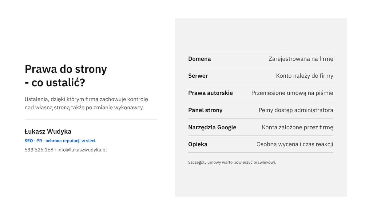 Brief na stronę internetową - prawa do strony: domena i serwer na firmę, prawa autorskie w umowie, dostęp administratora, opieka i gwarancja.