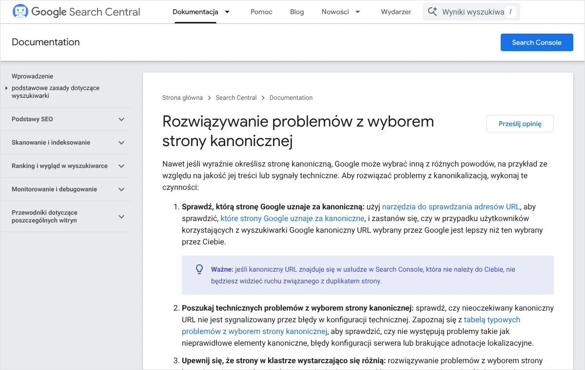 Strona dokumentacji Google o rozwiązywaniu problemów z wyborem strony kanonicznej z listą czynności do wykonania krok po kroku