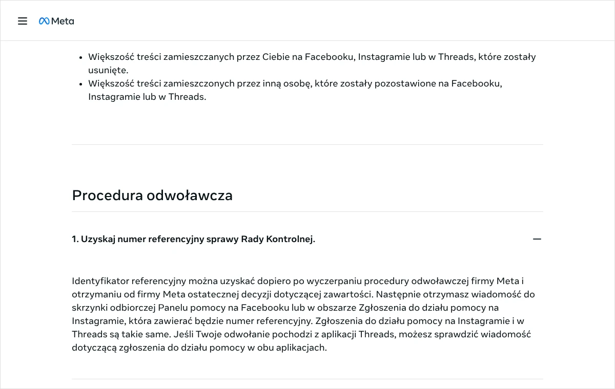 Fragment Centrum transparentności Meta z sekcją Procedura odwoławcza i pierwszą czynnością: uzyskanie numeru referencyjnego sprawy Rady Kontrolnej