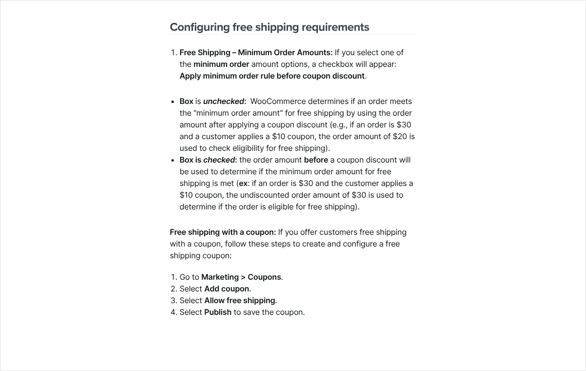 Zrzut dokumentacji WooCommerce z opisem pola, które decyduje, czy próg minimalnej wartości zamówienia jest liczony przed rabatem z kuponu, czy po nim.