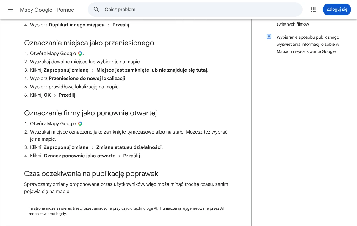 Strona pomocy Map Google z krokami: Zaproponuj zmianę, Zmiana statusu działalności, Oznacz ponownie jako otwarte, Prześlij